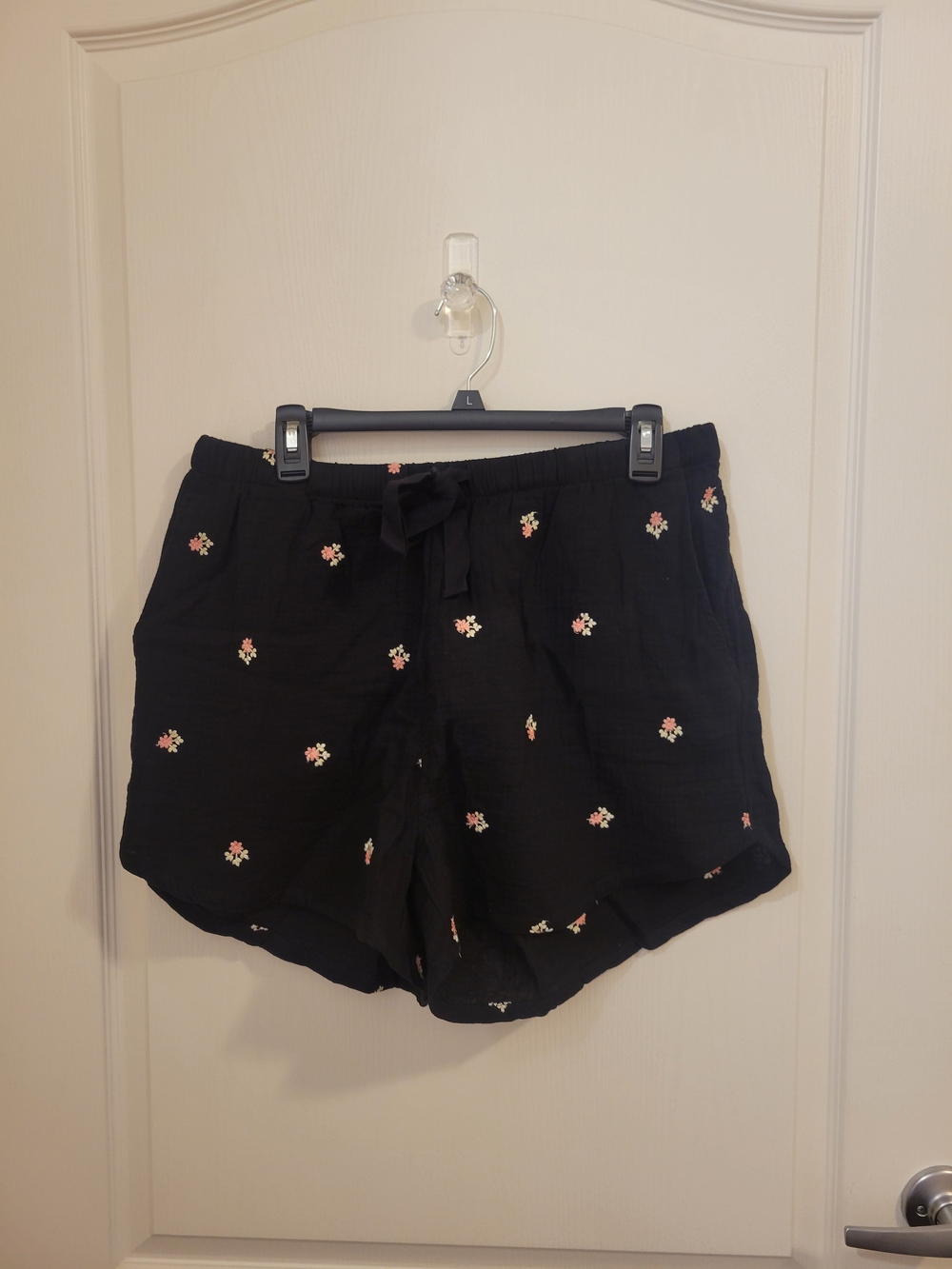 bohme Black High-Waist Shorts with Pink Floral Embroidery